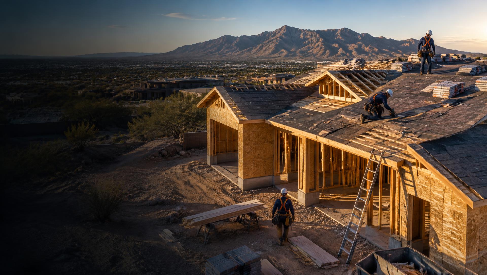 Residential construction crew working on a framed home near El Paso